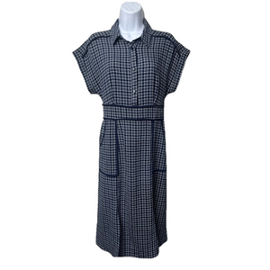 Monteau Women's Cap Sleeve Navy Blue Checked Sheath Dress Size M ~